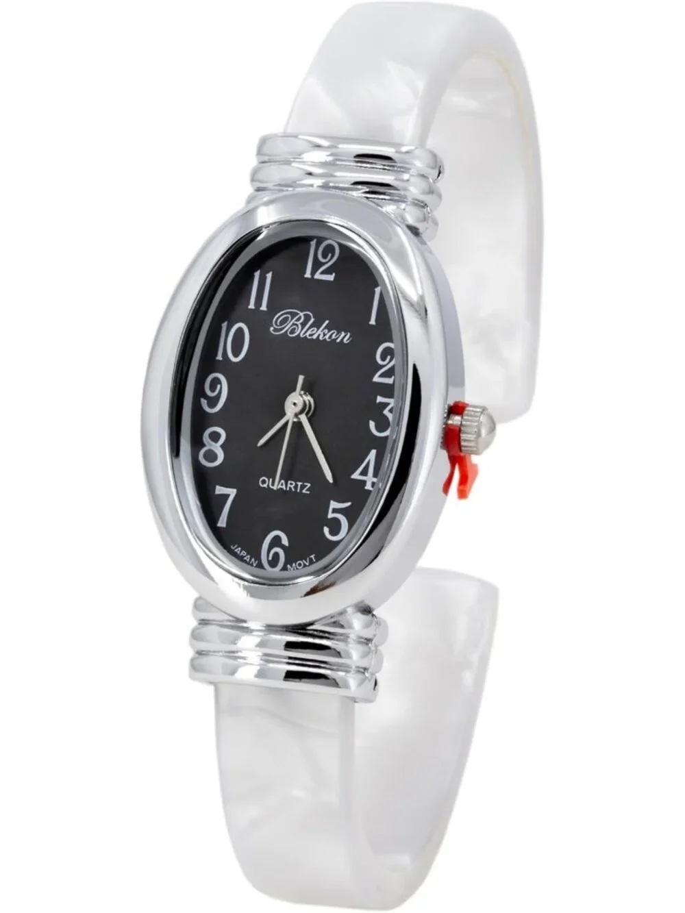 Women's Silver/Black/White Pearl/Oval Shell Color Design Cuff Bangle Watch